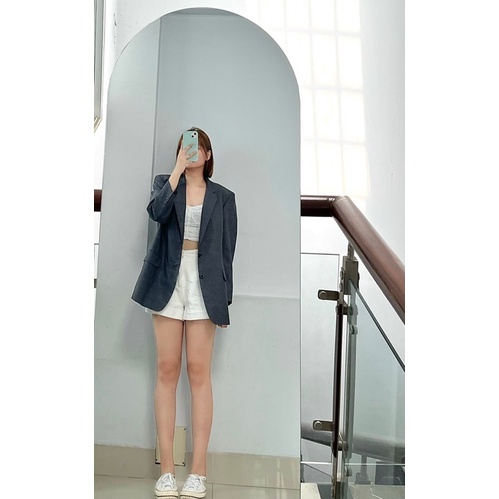 Áo blazer xám đen hàn quốc có đệm vai vải hai lớp dày dặn cao cấp