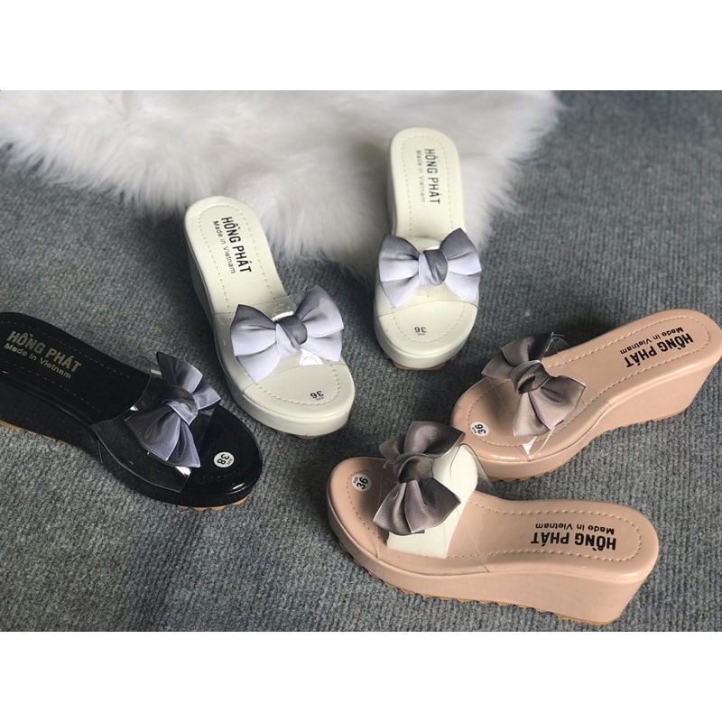 DÉP NỮ ĐẾ XUỒNG DA BÓNG GẮN NƠ TÍM SIÊU NHẸ TĂNG CHIỀU CAO ĐẾ 8 CM