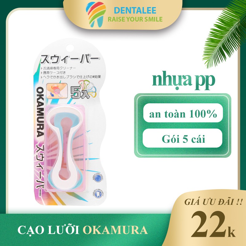 Cạo lưỡi nhựa Okamura Asahi hộp 5 cây DENTALEE chăm sóc răng miệng cho người lớn trẻ em cao cấp chất lượng Nhật Bản