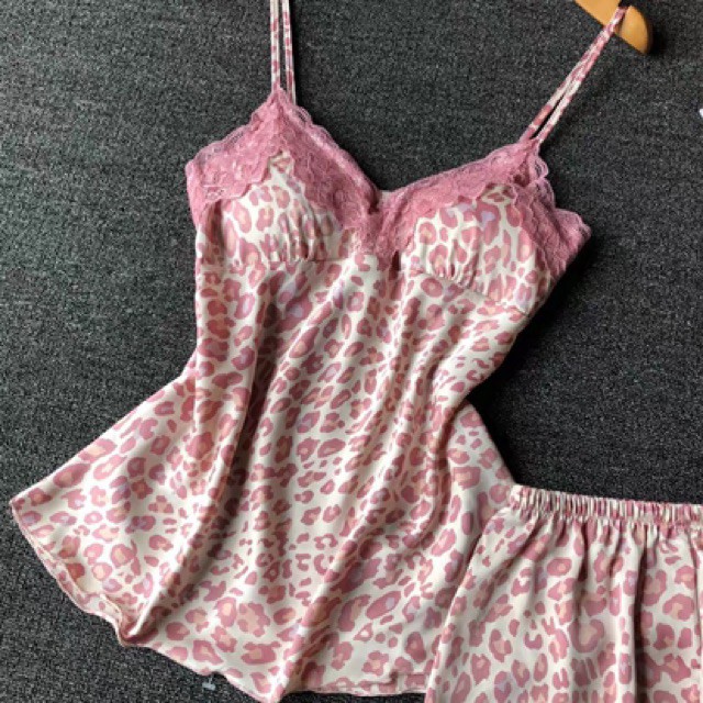 Bộ lụa satin beo hồng siêu xinh kenshop0602- đồ ngủ cao cấp  -KellyWang