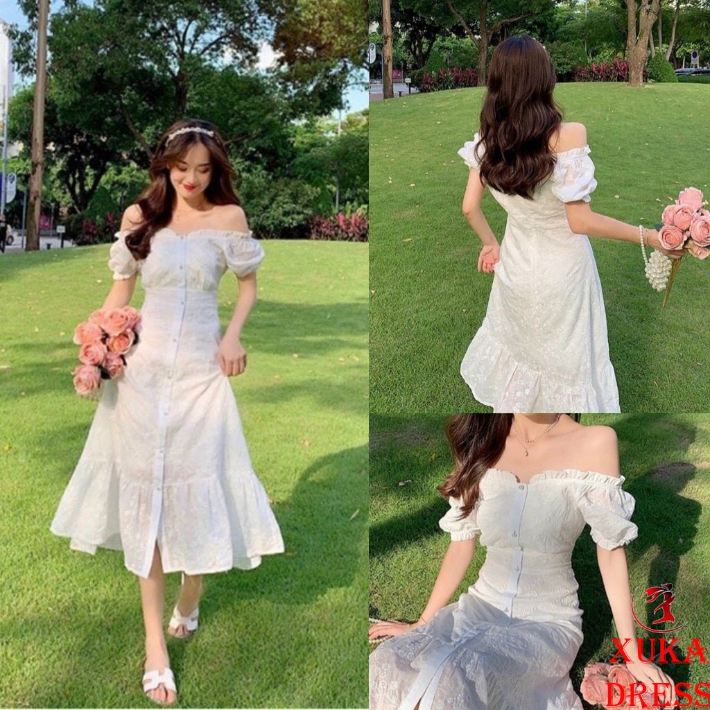 Váy trắng midi trễ vai dài khoe dáng đuôi cá siêu xinh-Hàng chất lượng cao XUKA DRESS DT011