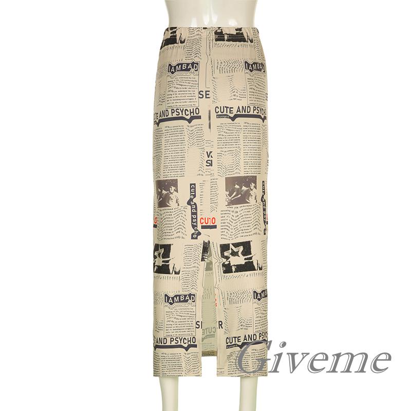 Chân Váy Dài Tới Mắt Cá Chân In Họa Tiết Tờ Báo Lưng Cao Co Giãn Thời Trang Đường Phố Cho Nữ