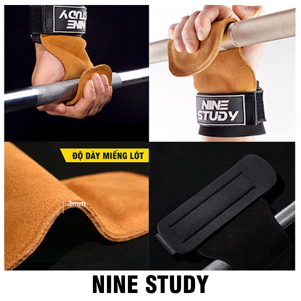 Găng tay tập Gym Kết hợp Dây kéo lưng NINE STUDY - Hỗ trợ Deadlift, nâng tạ, lên xà