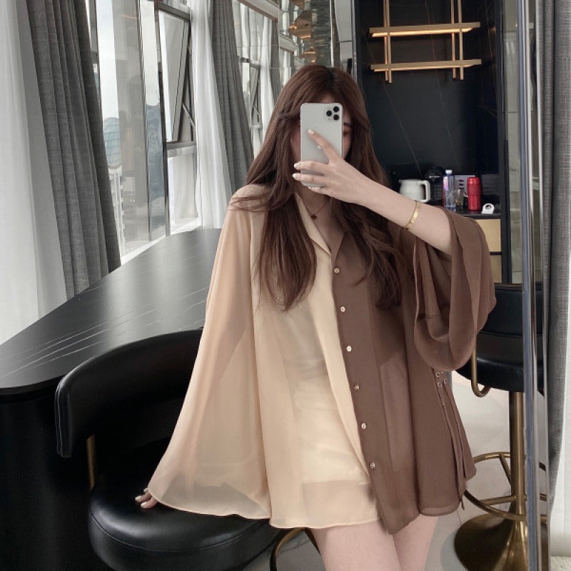 Áo Sơ Mi Chiffon Chống Nắng Tay Dài Cổ Chữ V Màu Sắc Tương Phản Dễ Phối Đồ Thời Trang Mùa Hè Cho Nữ