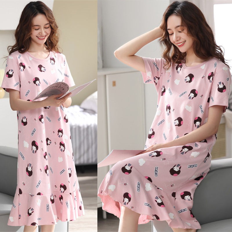 Váy ngủ dài cotton qua đầu gối học sinh hoạt hình dễ thương đồ nữ ngắn tay phần mỏng bà bầu có thể mặc bên ngoàiK