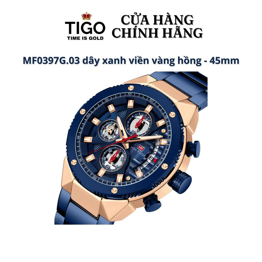 Đồng Hồ Nam MINI FOCUS MF0397G.03 Dây Thép Xanh Viền Xanh Thép Không Gỉ Cao Cấp Mặt Tròn Đường Kính 45mm Chống Nước