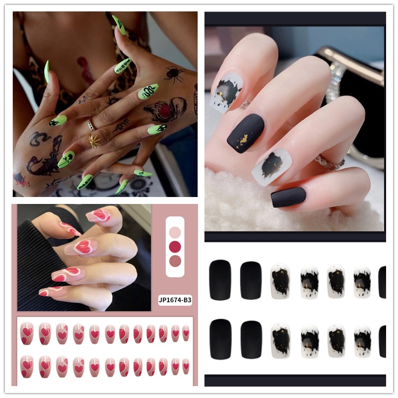 【24pcs】24/Pcs DIY Fake Nails French Finger Nail Art False Nail Wearable Nails European and American Style Fake Nails