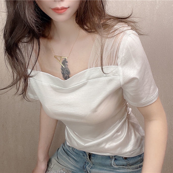 Áo Thun Lưới Cổ Vuông Tay Ngắn Hở Vai Màu Hồng Thời Trang Dành Cho Nữ