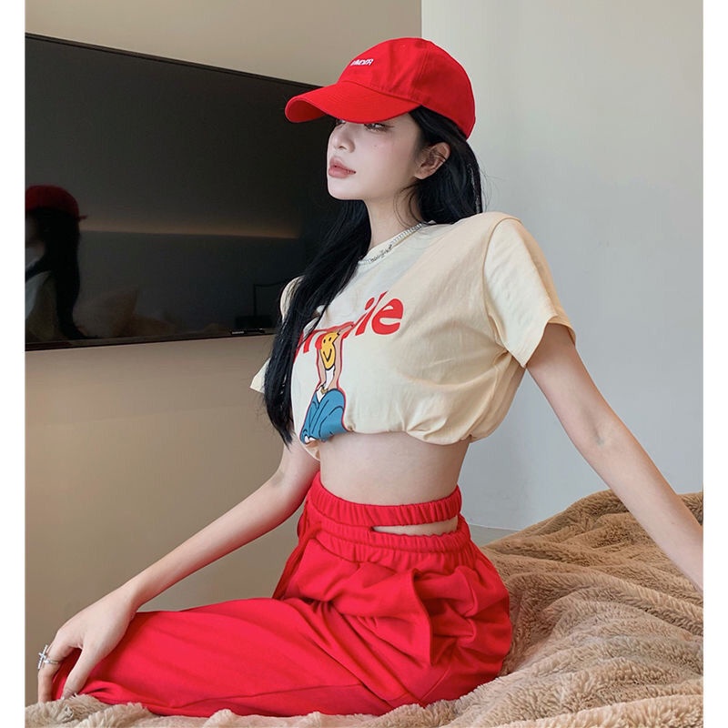 Set Áo Thun Tay Ngắn In Họa Tiết + Quần Ống Rộng Năng Động Hợp Thời Trang