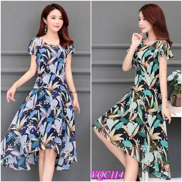 ĐẦM XÒE CHIFFON HỌA TIẾT LÁ HOA