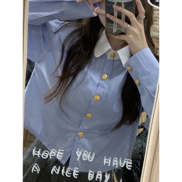 Áo sơ mi tex nữ dáng ngắn croptop màu xanh phối cúc vàng phong cách nữ sinh hoàng gia tiểu thư hot trend ulzzang