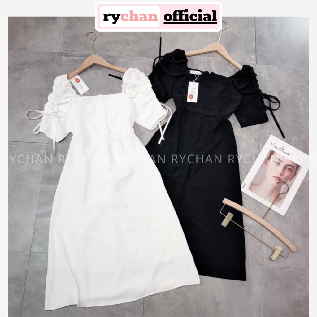 Đầm Váy Nữ Dự Tiệc Cưới Dáng Dài Xòe Cổ Vuông Tay Rút Cực Tôn Dáng Màu Kem Trắng Đen [ẢNH THẬT CUỐI] - DX9813