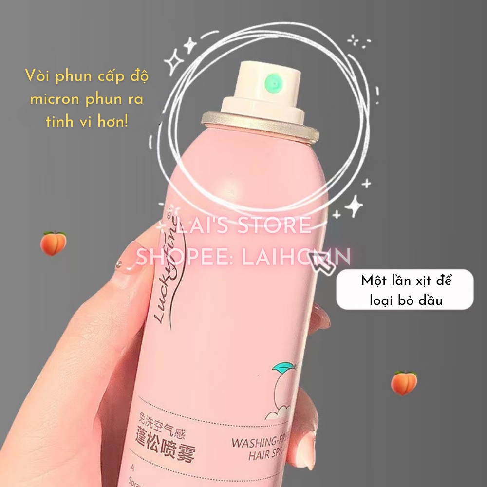 Gội Khô Hương Đào LuckyFine 150ml Dạng Xịt Xịt Gội Đầu Khô Cấp Tốc Giúp Tóc Bồng Bênh Suốt 8 Tiếng Không Bết Dính