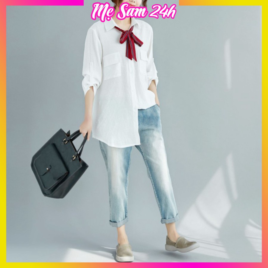 Áo sơ mi nữ dài tay form rộng, sơ mi đũi Mẹ Sam 24h, chất liệu mềm mát, size từ 40 đến 85kg SMH.47