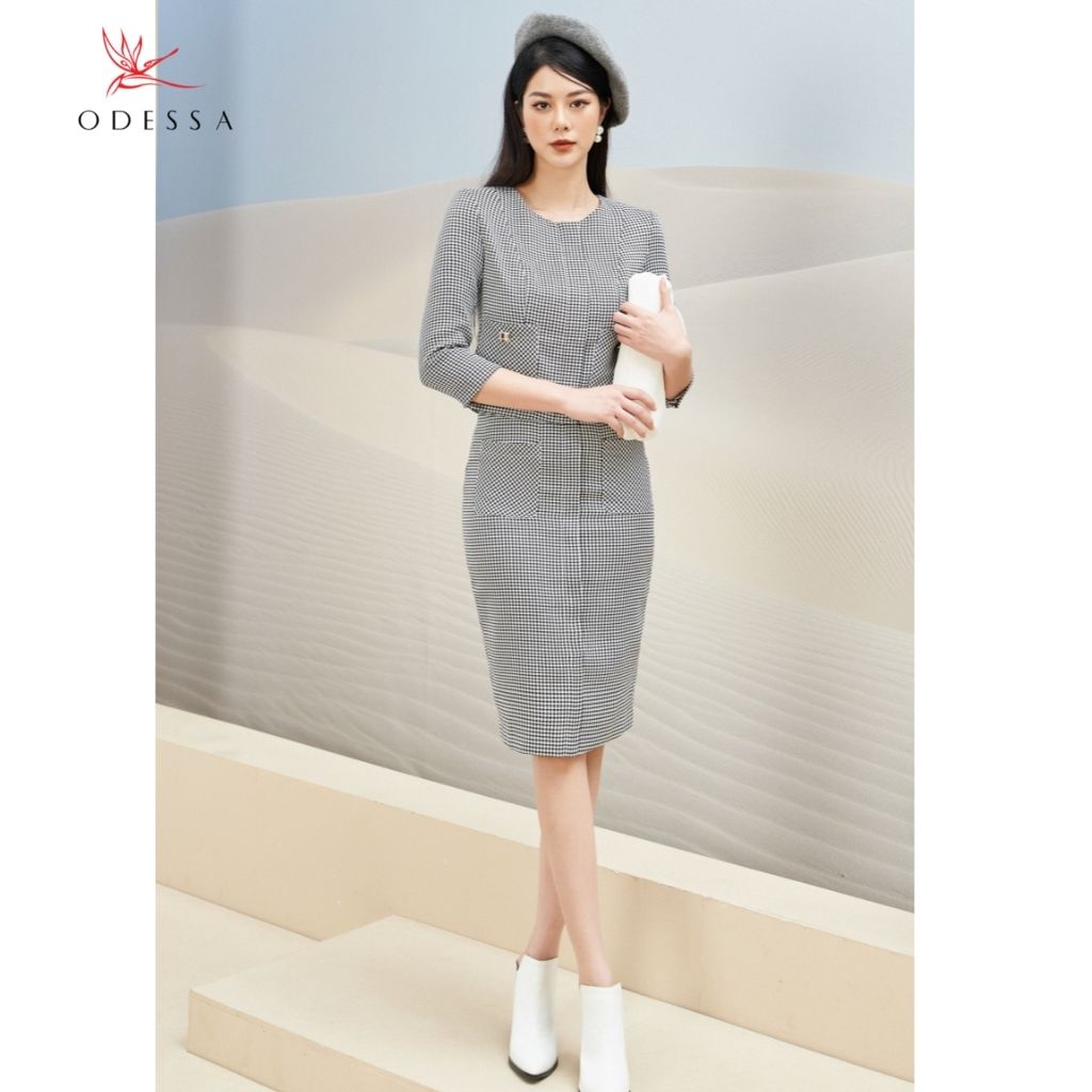 Set Áo Phối Chân Váy Bút Chì Cổ Tròn Odessa Thiết Kế Bộ Công Sở Họa Tiết Kẻ, Chất Liệu Cao Cấp VSB21-032 JSB21-032