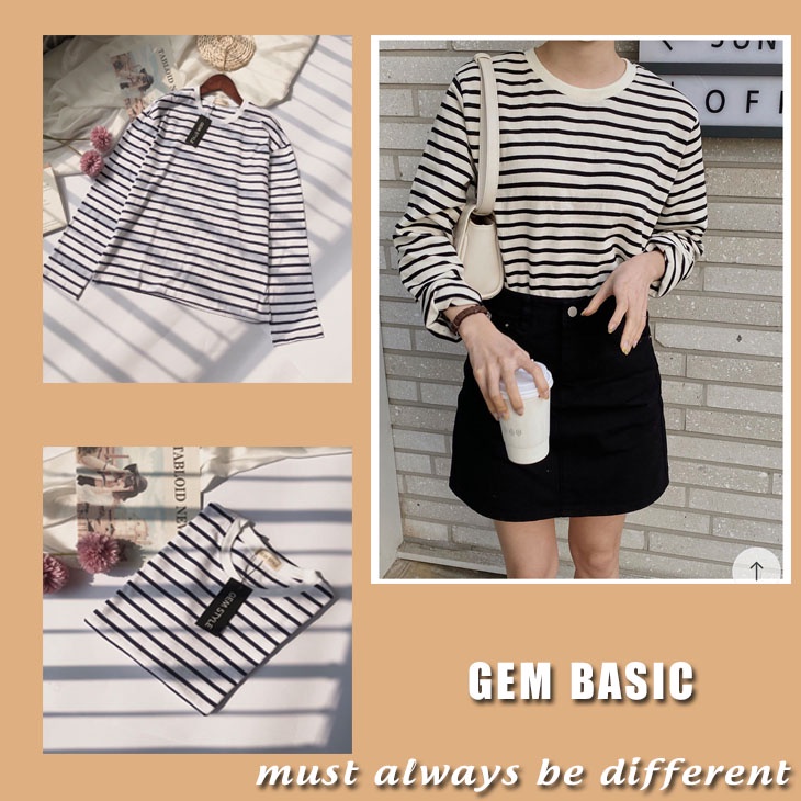 GEM STYLE - Áo thun nữ tay dài rộng vừa họa tiết sọc ngang , kiểu dáng Hàn Quốc siêu xinh