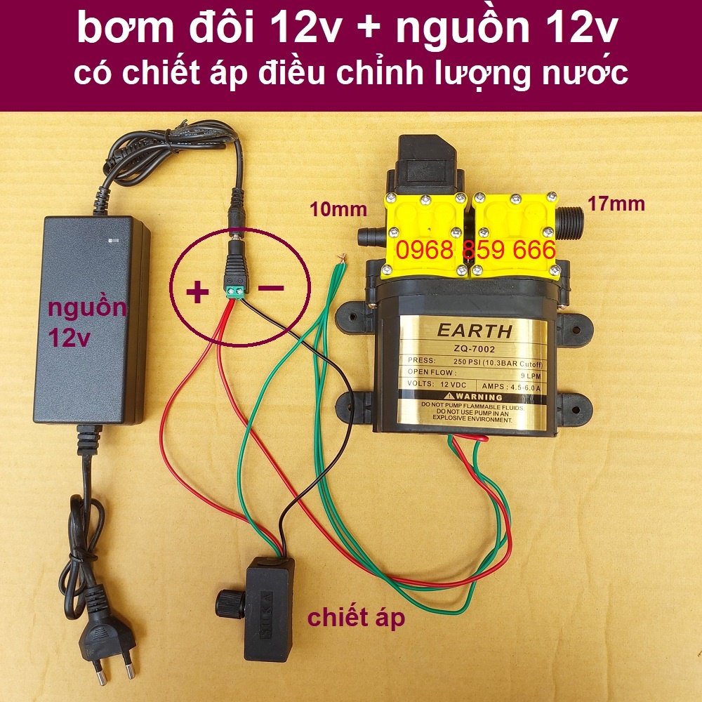 máy bơm phun sương ,máy bơm nước đôi EARTH tăng áp lực nước mini 12V 120W Lưu lượng 9L/phút (bơm đôi 12v)