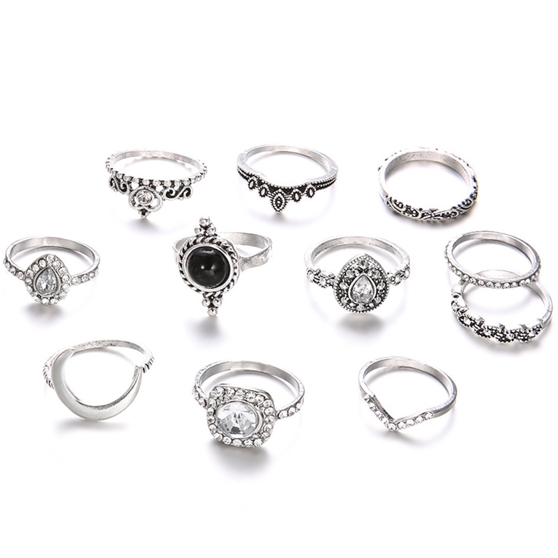 Set 10 Nhẫn Đính Pha Lê Thiết Kế Đa Dạng Cổ Điển Phong Cách Bohemia
