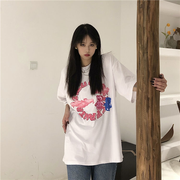 [L&Q]                             Korean style fried street bear short-sleeved 2021 Harajuku style oversized shirt for women tshirt tops