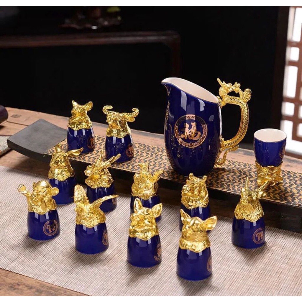 Bộ ly uống rượu 12 con giáp phong cách trung hoa chất liệu gốm sứ cao cấp