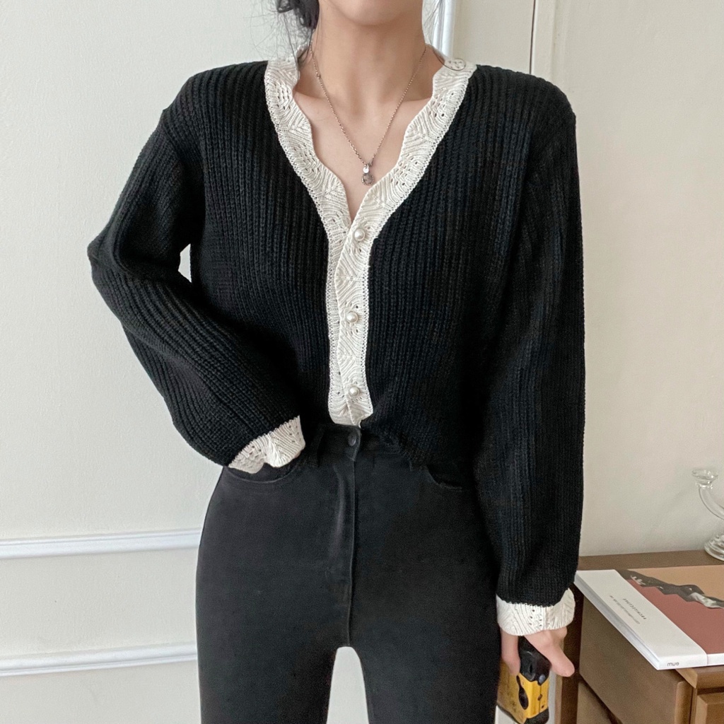 Áo khoác cardigan dệt kim tay dài cổ chữ V phối hàng nút thời trang cá tính 45439