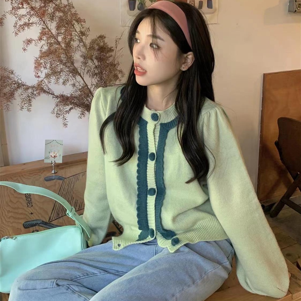 Áo cardigan Dệt Kim Tay Phồng Cổ Chữ V Màu Sắc Ngọt Ngào Phong Cách Hàn Quốc Cho Nữ