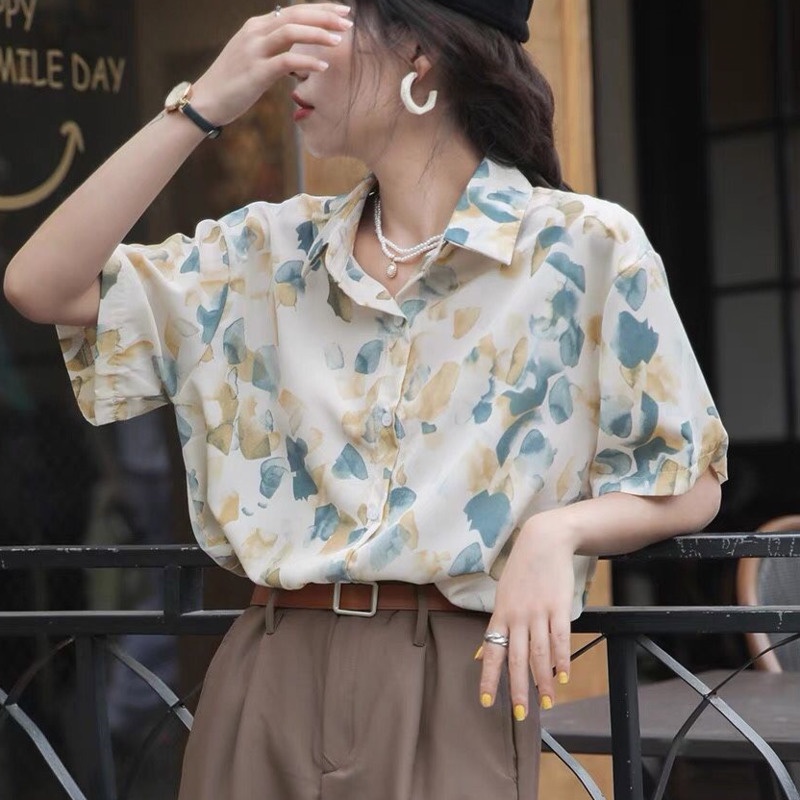 Áo sơ mi chiffon RENJIANVSHENG tay ngắn in họa tiết thời trang Hàn Quốc dành cho nữ