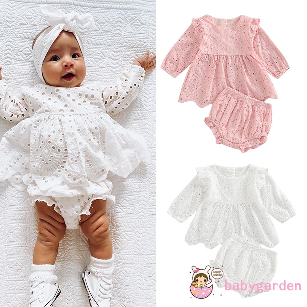 Bộ Áo Thun Tay Dài Cổ Tròn Màu Trơn Phối Quần Short Lưng Thun Thời Trang Cho Bé Gái 3-24 Tháng Tuổi