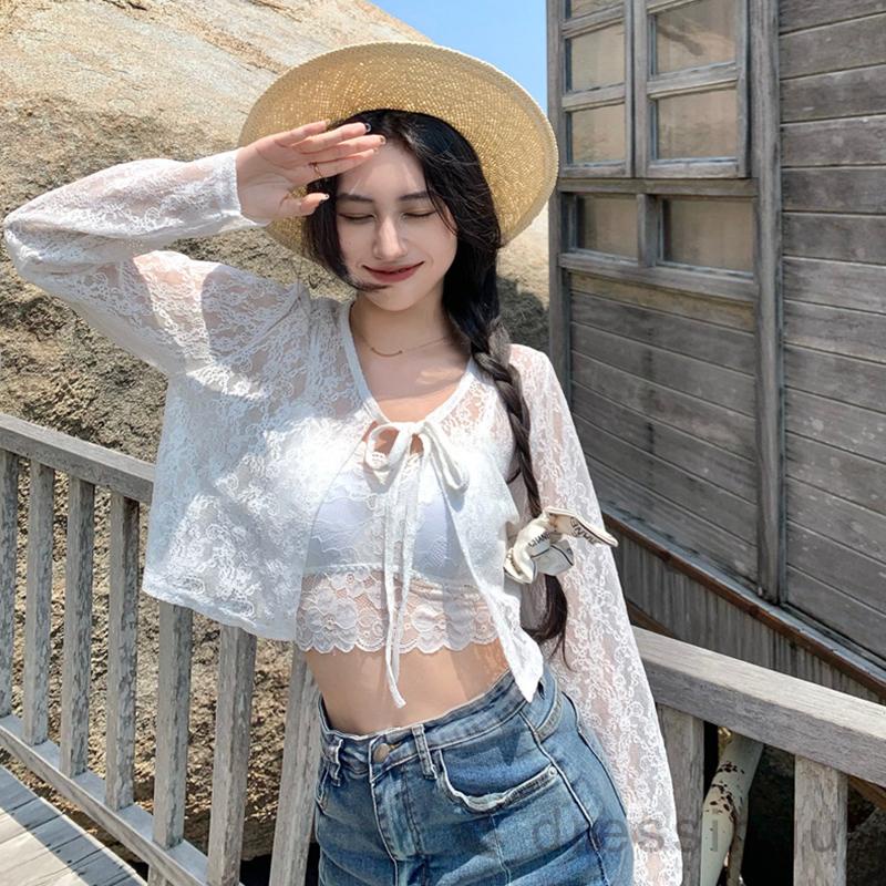 Áo Sơ Mi Tay Dài Màu Trơn Phối Ren Chống Nắng Thời Trang Mùa Hè Cho Nữ