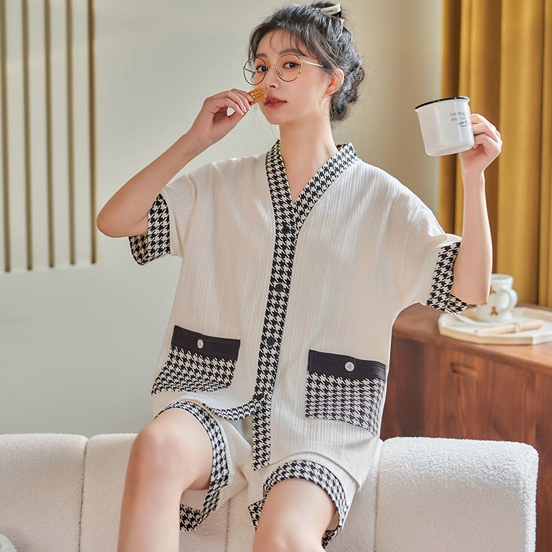 Bộ Đồ Ngủ Ngắn Tay Bằng Cotton Nguyên Chất Cao Cấp Thời Trang Mùa Hè Cho Nữ