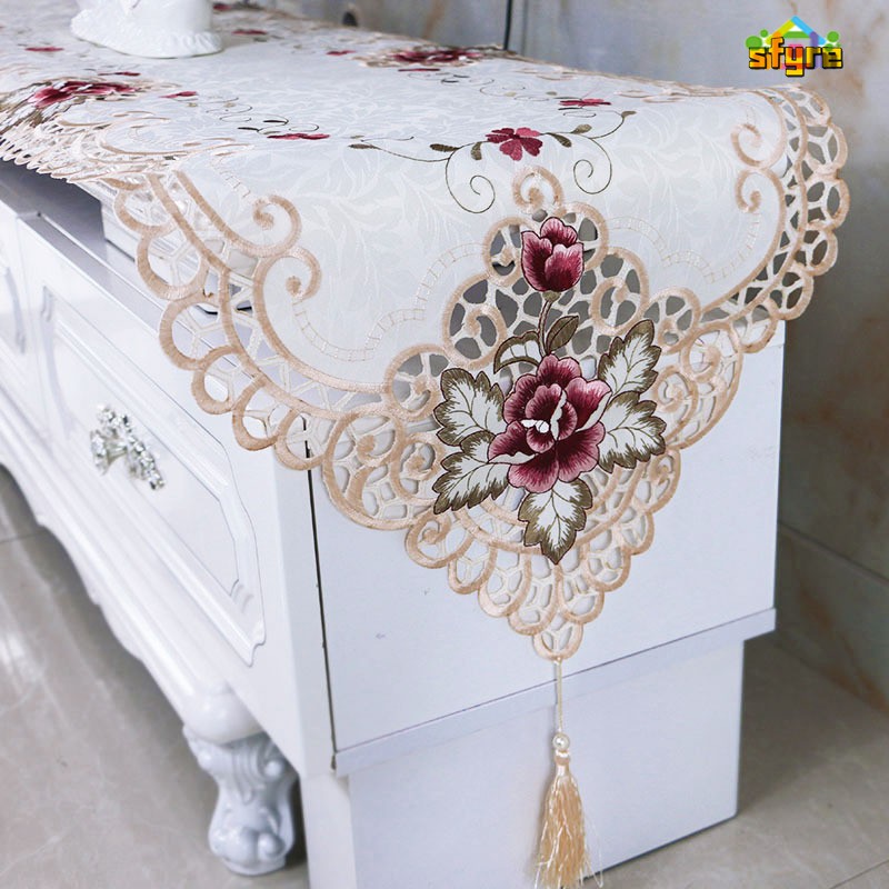 Sfyre Fashion Table Runner Embroidered Floral Lace TV Cabinet Dust Proof Covers For Home Party Wedding Tables Flag Decoration