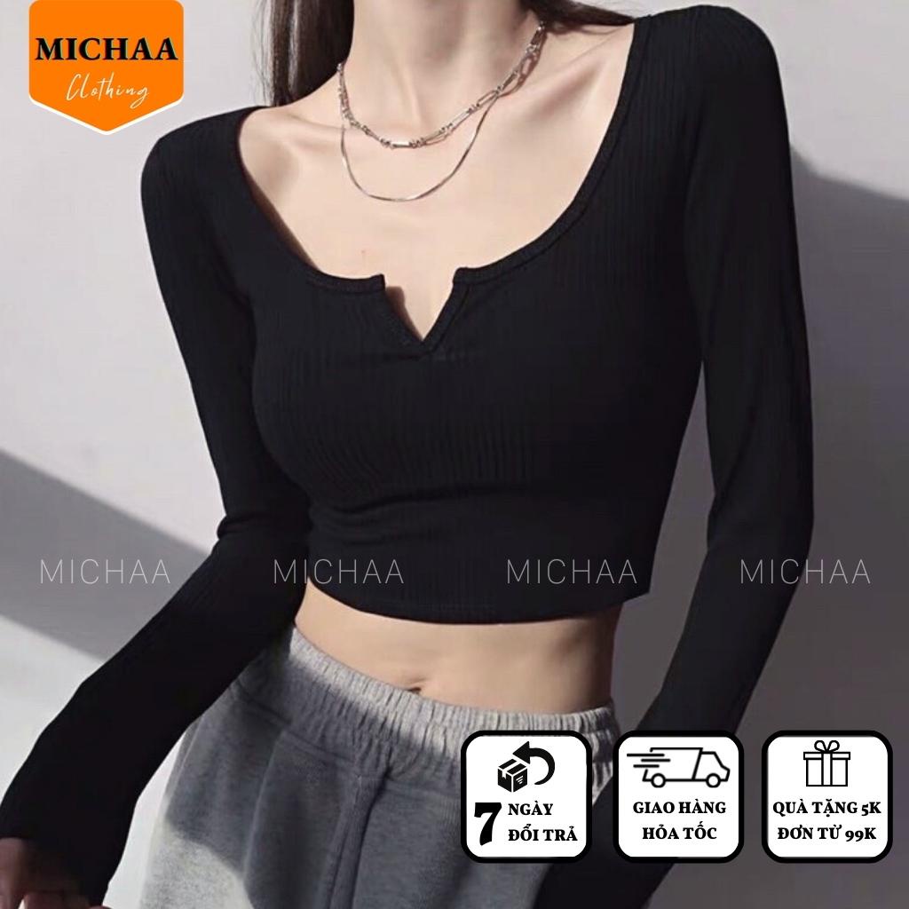 Áo Croptop Cổ KHOÉT CHỮ V Tay Dài Nữ Thun Borip Phong Cách Gợi Cảm - MICHAA