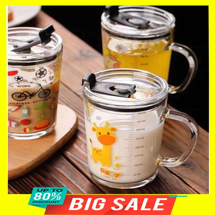 Cốc Pha Sữa 350ml Chịu Nhiệt Thủy Tinh Chia Vạch Có Nắp Và Ống Hút Tiện Lợi Cho Bé