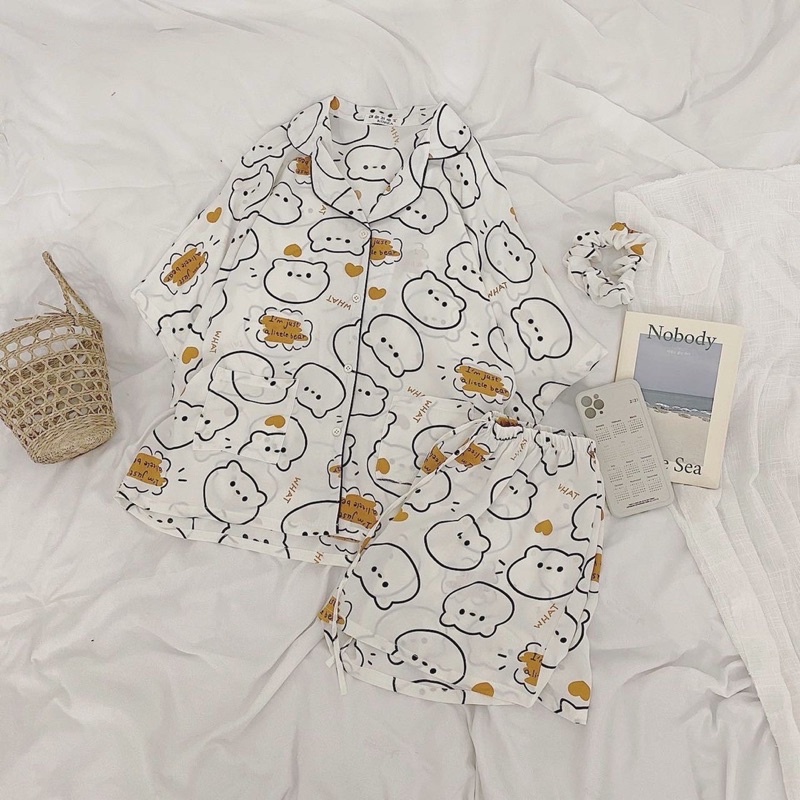 COMBO Bộ Ngủ Pijama Chất Lụa Hoạ Tiết Dễ Thương Kèm Dây Buộc Tóc Scrunchies | BigBuy360 - bigbuy360.vn