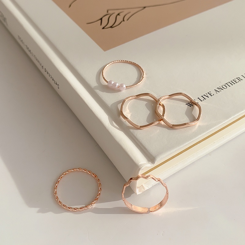 Set 5 nhẫn đeo ngón tay nhiều kiểu dáng đính ngọc trai nhân tạo sang trọng thời trang dành cho nữ