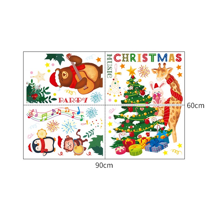 Decal dán tường trang trí Noel - Thỏ nai khỉ gấu đón giáng sinh bên cây thông quà