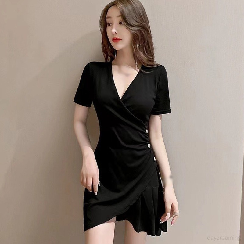 Đầm Đen Tay Ngắn Cổ Chữ V Thiết Kế Không Đồng Đều Xinh Xắn Thời Trang Dành Cho Nữ