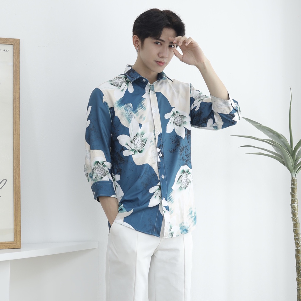 Áo sơ mi nam tay lỡ Trady phong cách ấn tượng chất lụa họa tiết đặc sắc 2 màu