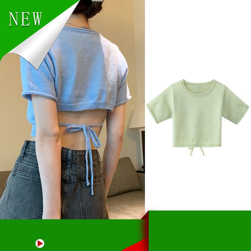 (Hàng Mới Về) Áo Croptop Dệt Kim Tay Ngắn Thắt Nơ Sau Lưng Thời Trang Hè Phong Cách Hàn Quốc 3 Màu Tùy Chọn Cho Nữ Xiaoz
