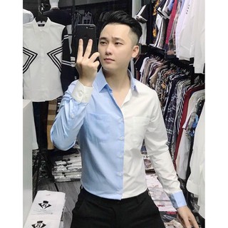Áo Sơ Mi Nam Dài Tay Vải Lụa Cao Cấp, Mẫu 30, Áo Sơ Mi Phối Màu Trắng Xanh Dáng Ôm Form Body, T-man
