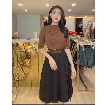 Chân váy xòe xếp ly đai ráp khuy cao cấp _M192