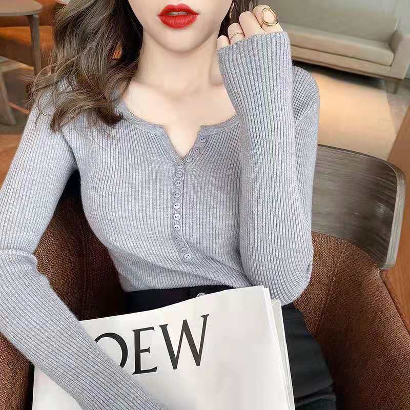 Áo Len Tay Dài Cổ Chữ V Dáng Ôm Phong Cách Hàn Quốc Thời Trang Thu Đông Cho Nữ