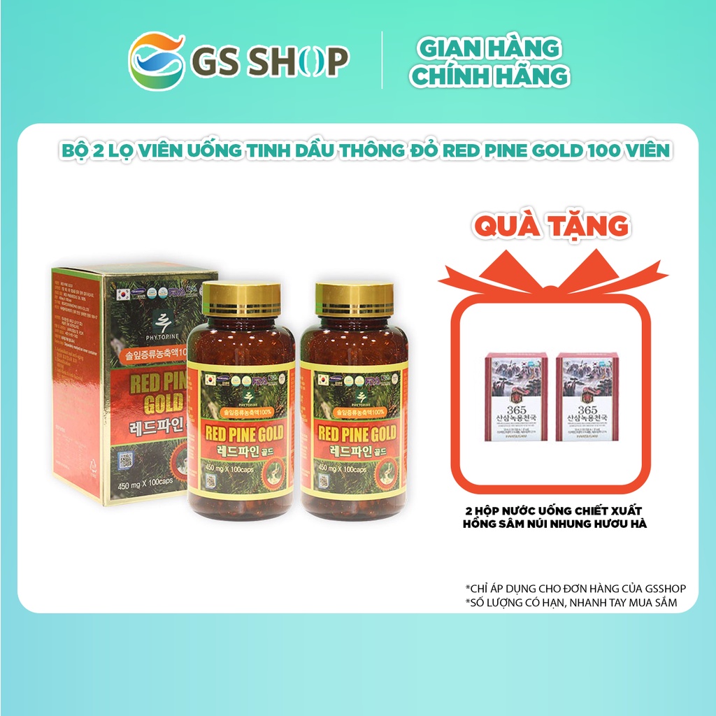Bộ 2 Lọ Viên Uống Tinh Dầu Thông Đỏ Red Pine Gold 100 viên | TẶNG: 2 Hộp Nước Uống Chiết Xuất Hồng Sâm Núi Nhung Hươu Hà