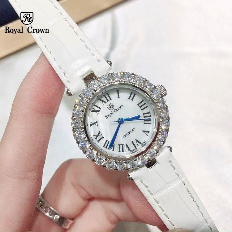 Đồng hồ nữ dây da, đồng hồ đeo tay nữ ROYAL CROWN viền đá cao cấp, sáng lấp lánh phong cách sang chảnh, giá siêu rẻ