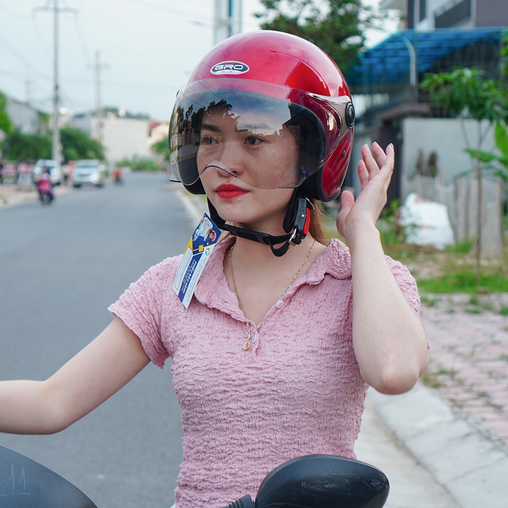 Mũ Bảo Hiểm 3/4 đầu GRO Helmet T818 có kính ngắn che nửa mặt, kiểu dáng thời trang cho nữ, khóa kim loại - Đỏ Đô Nhám