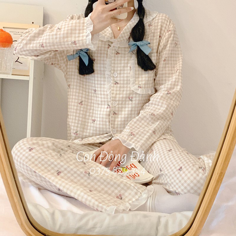[Có sẵn] Đồ ngủ pijama kẻ caro bèo nhún dài tay chất thun mềm con đỏng đảnh DN003 chất thun mềm
