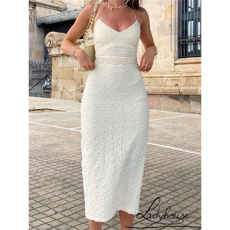 Đầm Dài Dáng Ôm Hở Lưng Màu Trơn Có Dây Cột Dành Cho Nữ Dự Tiệc Cocktail