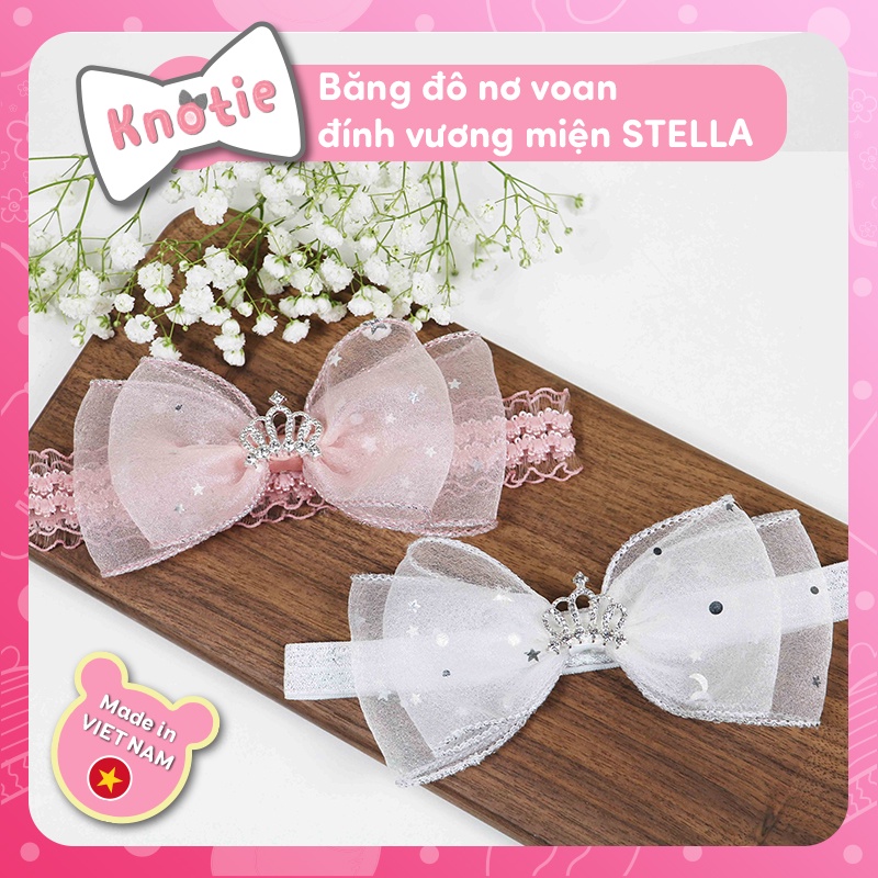 Băng đô/turban nơ cho bé gắn vương miện đính đá Stella [0-2 tuổi] lấp lánh ren mềm co giãn