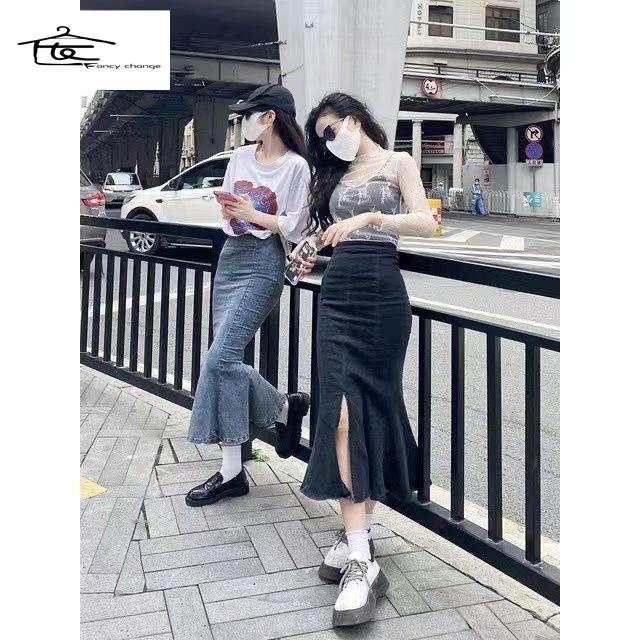 Chân Váy Denim Đuôi Cá Lưng Cao Dáng Chữ a Xẻ Tà Phong Cách Retro 150 Mẫu Mới Cho Nữ xs