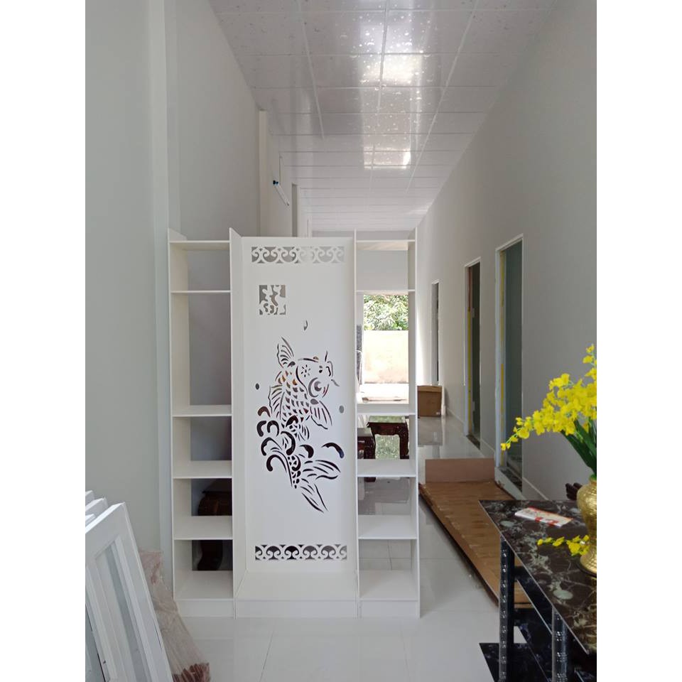 Vách ngăn phòng khách, phòng spa bình phong mẫu cá chép hóa rồng liền 2 kệ- IG494